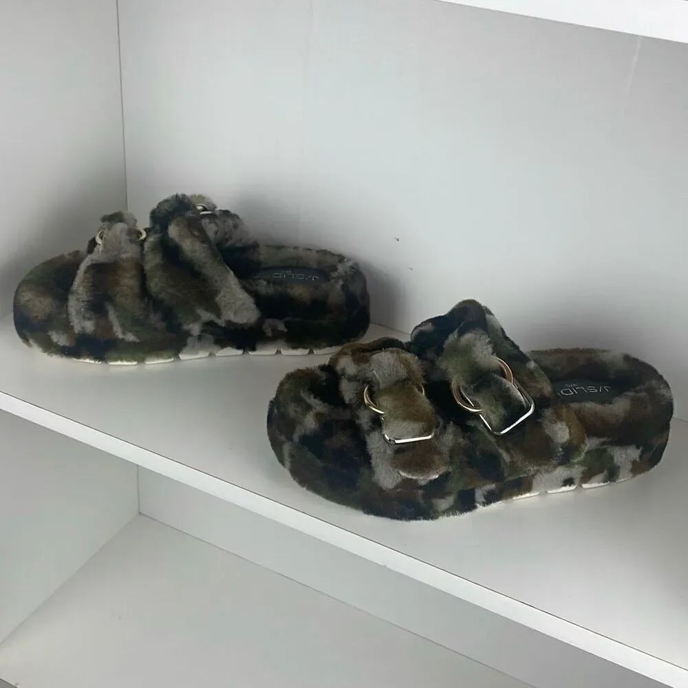J/SLIDES Genuine Shearling 2 Strap Platform Slide Sandals camouflage 7 - Picture 3 of 9